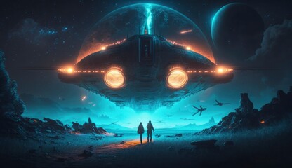 illustration painting of Sci-fi scene showing the spaceship abducting human at the night, digital art style, Generate Ai