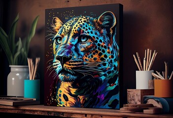 leopard, pop art, fauvism, painting, canvas print, wall art, animal, cat. Generative AI