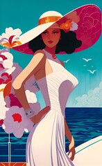 Graphic silhouette of a Beautiful woman in big hat on a yacht on sea illustration art deco generative ai