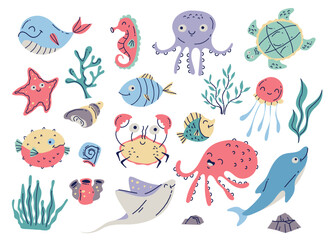 Sea animal life ocean underwater cute doodle style concept. Vector graphic design illustration
