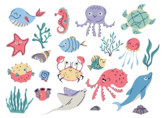 Fotobehang Onder de zee Sea animal life ocean underwater cute doodle style concept. Vector graphic design illustration