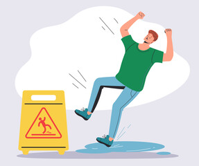 Water wet slide floor fall people concept. Vector graphic design illustration