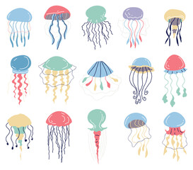 Jellyfish animal fish jelly ocean doodle outline isolated set. Vector graphic design element illustration  © PrettyVectors