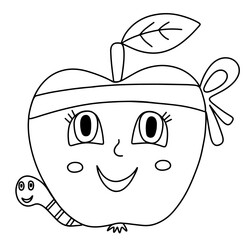 Outline coloring book page for kids with cute apple and worm