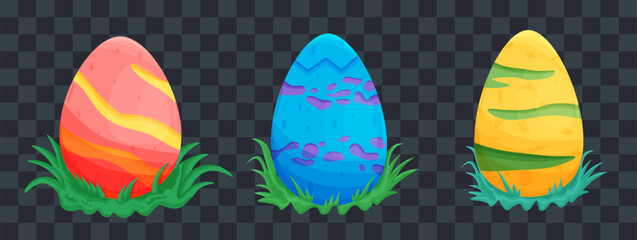 Set with cartoon dinosaur eggs in grass