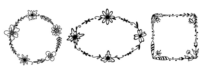 Vector set with floral frame in line doodle style