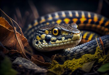 Obraz premium Coiled garter snake looking intently into the camera in Connecticut. Generative AI