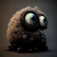 rounded creepy monster with fur and multiple eyes, ambitious and obsessed, black and white