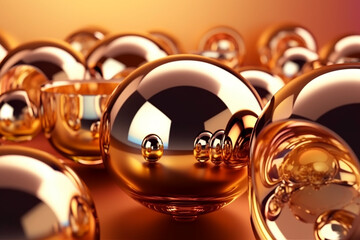 Luxurious Golden Metallic Glass Sphere Cosmetics with Collagen Drops for Skin Care - 3D Render. Generative AI.