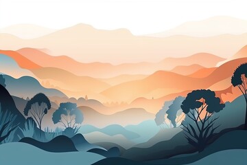 Gradient landscape nature background with mountains sun and trees.