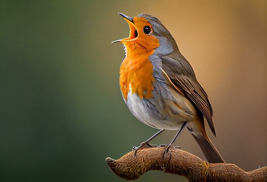 European robin bird Erithacus rubecula singing. Generative AI