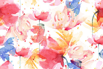 Seamless pattern poppies and abstract background with watercolor.Designed for fabric and wallpaper