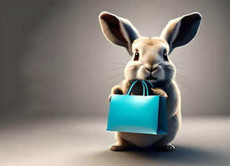 ai generated image with easter cute bunny rabbit holding flower bouquet shopping bag with sunglasses on eye amazed shocked or smiling face.cute animal on paper bag drawn isolated mock up for advertisi