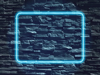 Stone decorative wall with a blue glowing neon light color frame cyberpunk style for mockups, designs.