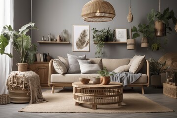 Bohemian living room with gray couch, wooden flowerbed, beige macrame, rattan lamp, plants, basket, and stylish accessories. Minimalist house décor. Template. Generative AI