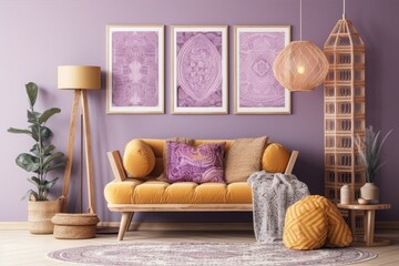 Wooden Scandi Boho decor. Purple living room poster frame mockup. illustration. Generative AI