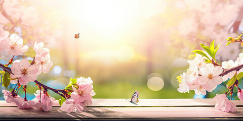 Spring background with empty wooden table. Natural template for product display with cherry blossoms bokeh and sunlight. generative ai. Wooden table in spring blooming cherry orchard with butterflies
