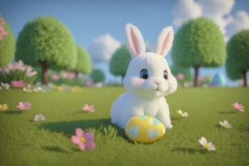 Happy Easter White bunny rabbit sitting in a field with a yellow painted egg in front of it and trees and flowers in the background. generative ai illustration.