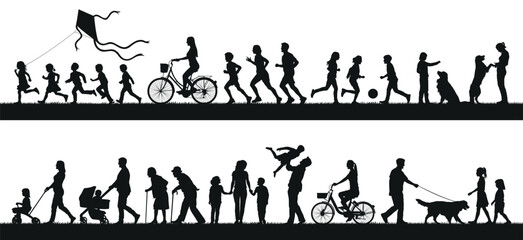 People adult teens and kids outdoor activities vector silhouette set.