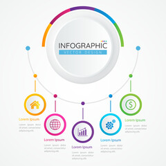Business data Infographic design template with icons and 5 options or steps. Abstract elements of graph, diagram, parts or processes. Vector template for presentation.