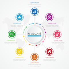 Fototapeta na wymiar Business infographic design template with icons and 8 options or steps. Abstract elements of graph, diagram, parts or processes. Vector template for presentation.