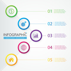 Business circle infographic design template with icons and 5 options or steps for presentation, process, diagram, workflow, chart. Vector infographics template for presentation.