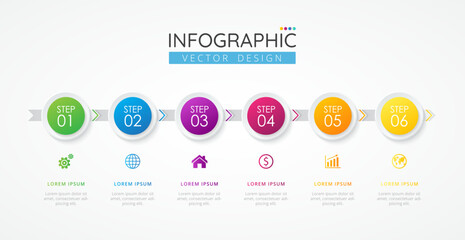 Business timeline infographic design template with icons and 6 options or steps. Abstract elements of graph, diagram, parts or processes. Vector template for presentation.