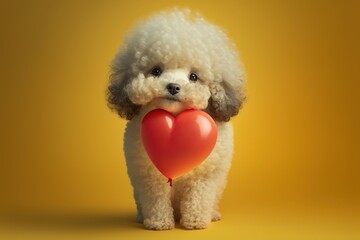 poodle with a heart-shaped balloon on a yellow background. Generative AI