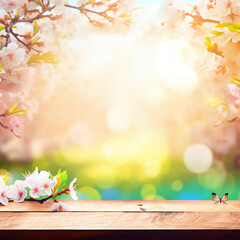 Naklejka na ściany i meble Spring background with empty wooden table. Natural template for product display with cherry blossoms bokeh and sunlight. generative ai. Wooden table in spring blooming cherry orchard with butterflies