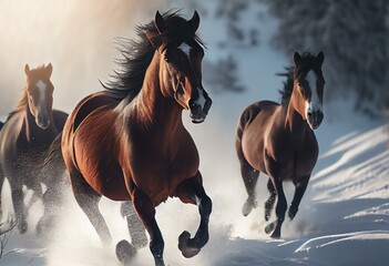 horses running in snow. Generative AI