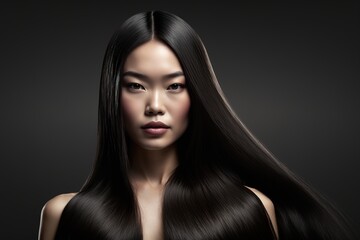 Beautiful Asian model girl with shiny black and straight long hair. Keratin straightening. Treatment, care and spa treatments. generative ai