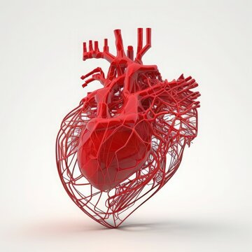 red color, Human heart wireframe on white background