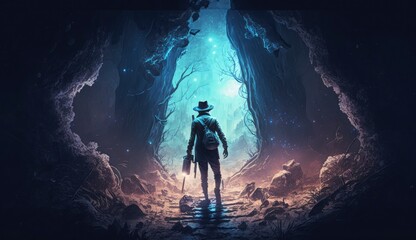Fototapeta na wymiar illustration painting of the explorer came to a spooky environment with diamonds, 3D illustration, Generate Ai