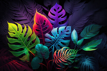 Fototapeta na wymiar Creative fluorescent, neon color layout made of tropical leaves, spring season, Generative AI