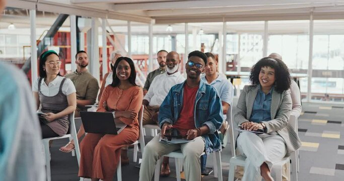 Audience, question and business people at a corporate seminar, trade show or workshop in am office. Diversity, speaker and crowd of employees at a convention, presentation or conference in workplace.