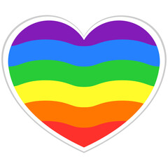 Heart, fill with wavy lines rainbow and LGBTQ+ colors, white outline. Flat style simple vector object design icon for pride month, romance, equality, celebration every gender. Graphic design.