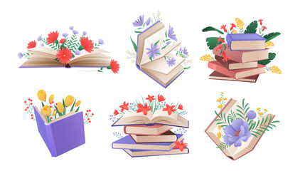 Fototapeta na wymiar Books with spring and summer flowers set vector illustration. Cartoon isolated pile and stack of books and textbooks with garden bouquets arrangement, literature with romantic floral decoration