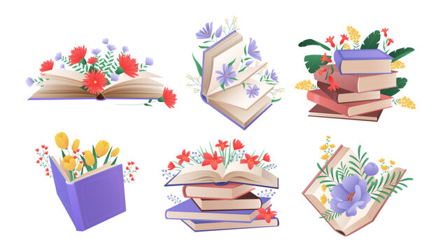 Books with spring and summer flowers set vector illustration. Cartoon isolated pile and stack of books and textbooks with garden bouquets arrangement, literature with romantic floral decoration