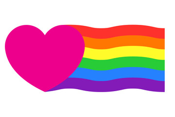 Pink heart with wavy rainbow colors. Flat style simple vector object design icon for romance, equality, pride month celebration for every gender. Graphic design isolated on white.