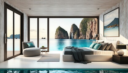 Bedroom and living area on pool deck and swimming pool with panorama sea view - Bedroom and swimming pool sea view and island view in hotel or resort - 3D Illustration, Generate Ai