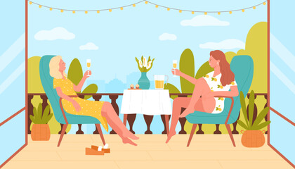 Obraz na płótnie Canvas Girls talk on outdoor terrace vector illustration. Cartoon peaceful lifestyle scene with conversation of two best friends sitting in chairs together to chat and speak, drink lemonade with summer view