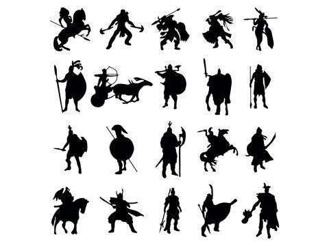 Set of ancient warrior with his weapon isolated vector. knight fighter army silhouette on white background