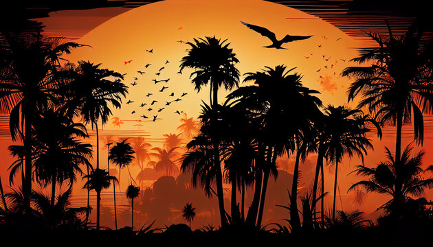 Summer background with palm trees and birds at sunset dark Ai generated image