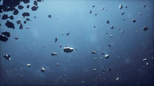 cinematic flight through dark deep space asteroid field with stars