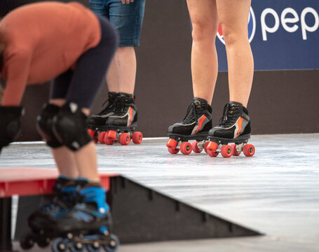 Baltow, Poland - July 2, 2022: Roller skating. Roller skates with rubber wheels in close-up.