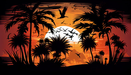 Fototapeta na wymiar Summer background with palm trees and birds at sunset dark Ai generated image