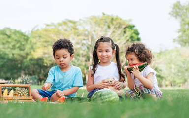 Fototapeta premium Three mixed race caucasian little cute children kids sitting, playing in outdoor green park for picnic, eating fruit, watermelon and pineapple with freshness. Education, Friendship, Diversity Concept.