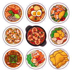 Vietnamese food menu icons set vector. (Pho, Canh Khổ Qua, Gỏi Cuốn, Thịt kho, Bánh Khọt, Bánh Xèo, Cá kho tộ, Cao lầu, Chả giò) Asian vietnam noodles illustration set vector. Vietnam food menu icon.