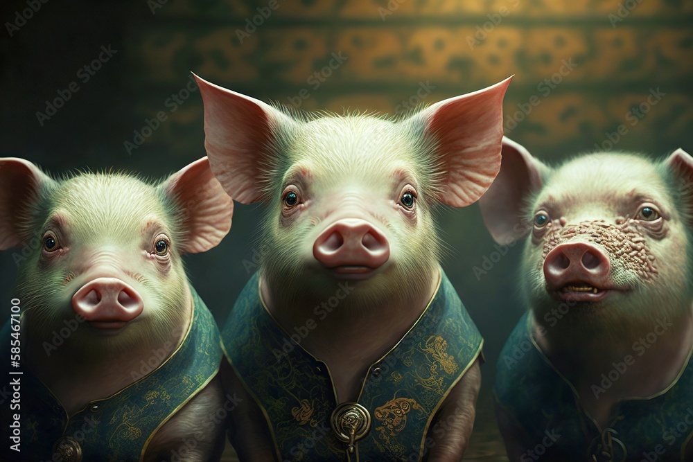 Wall mural Funny funny piglets in green jackets at pig farm, created with generative ai