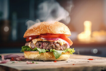  Fresh appetizing burger with fire in the background on the table Generative AI